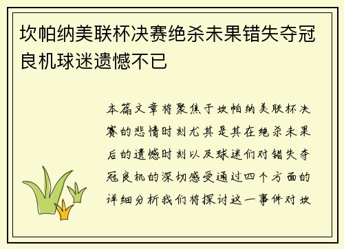 坎帕纳美联杯决赛绝杀未果错失夺冠良机球迷遗憾不已