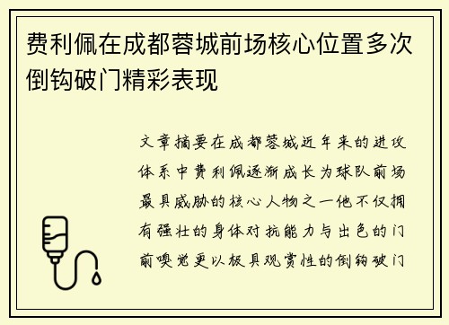 费利佩在成都蓉城前场核心位置多次倒钩破门精彩表现 费利佩在成都蓉城前场核心位置多次倒钩破门精彩表现